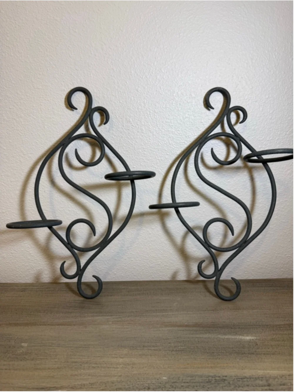 set of two scrollwork metal wall sconces approx 13x9”